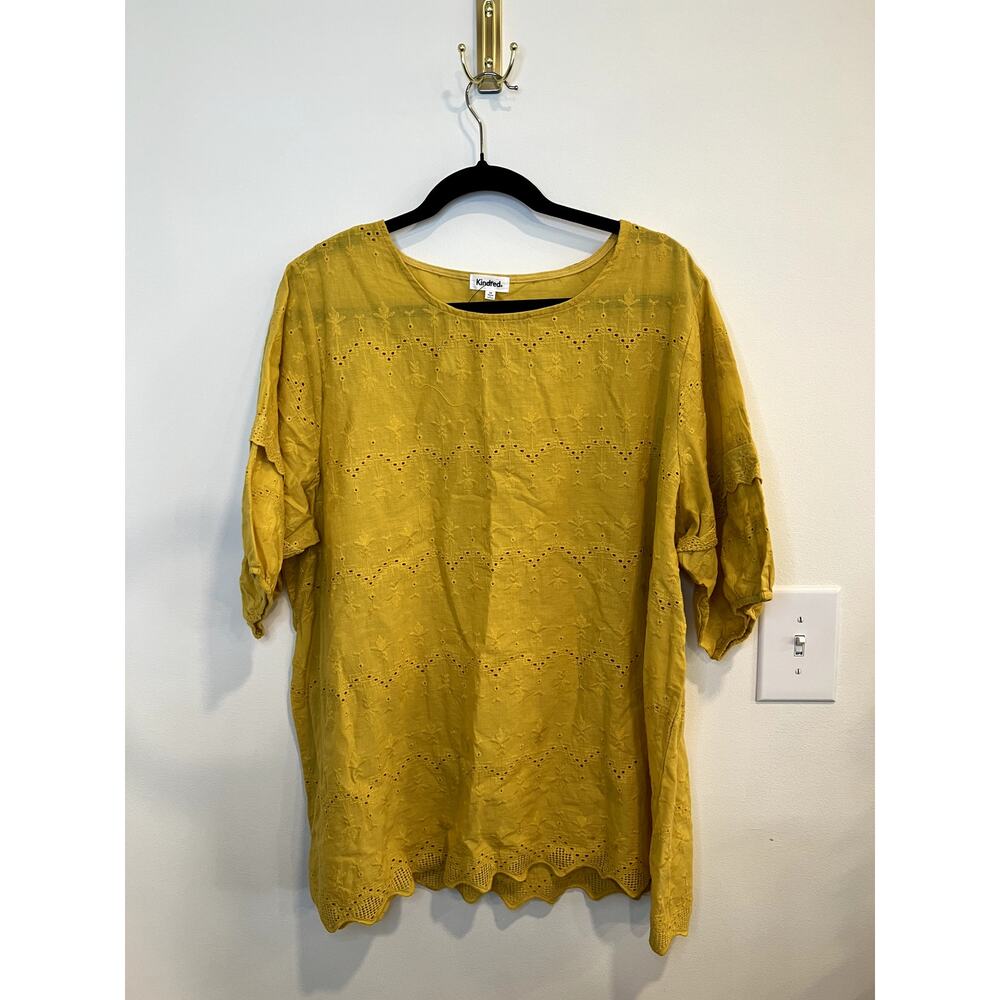 Kindred Yellow Eyelet Blouse Boho Cottagecore Cotton Top Size 3X Oversized